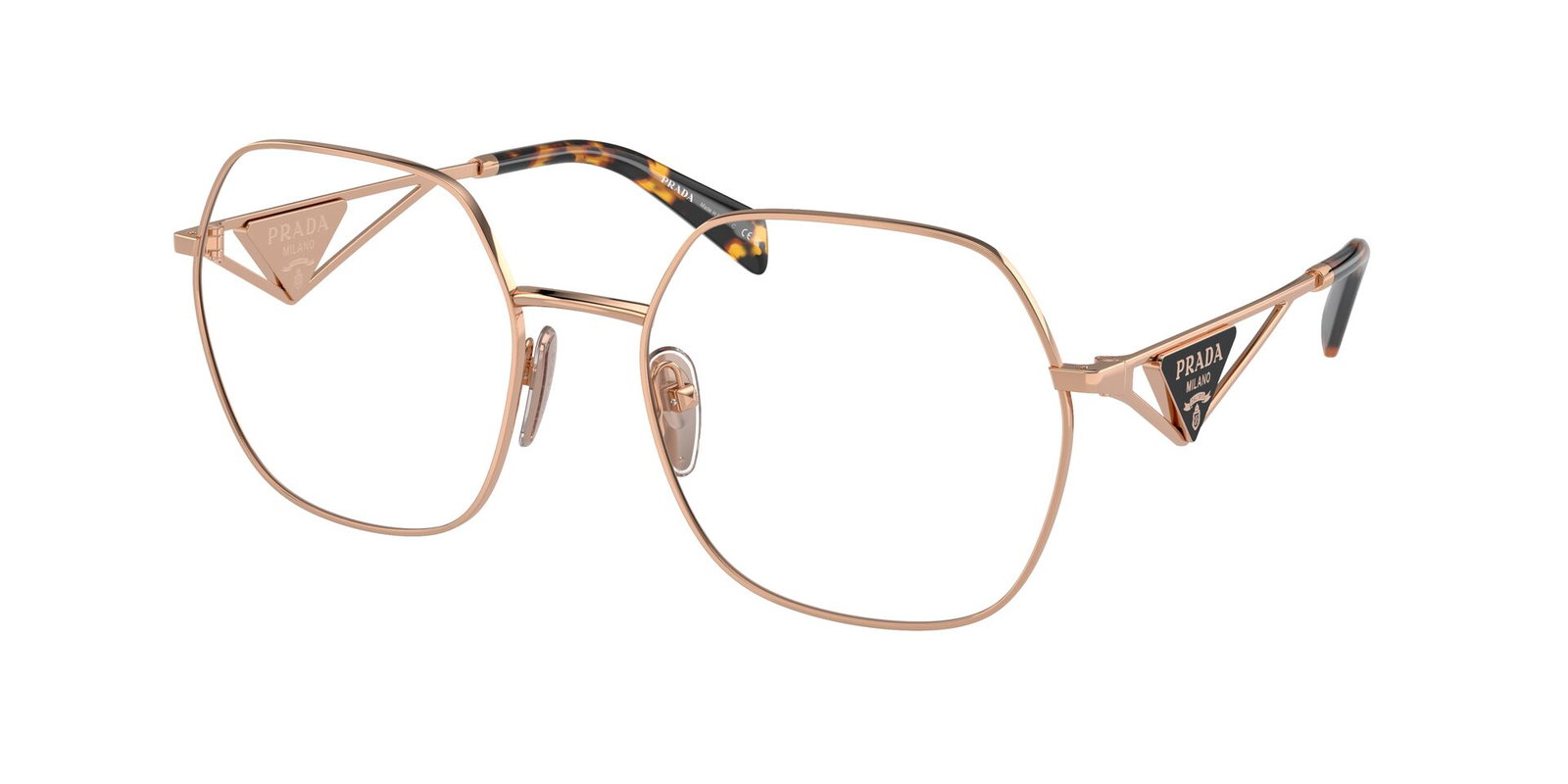 Das Bild zeigt die Prada Brille 59ZV in Roségold leicht schräg von der Seite.